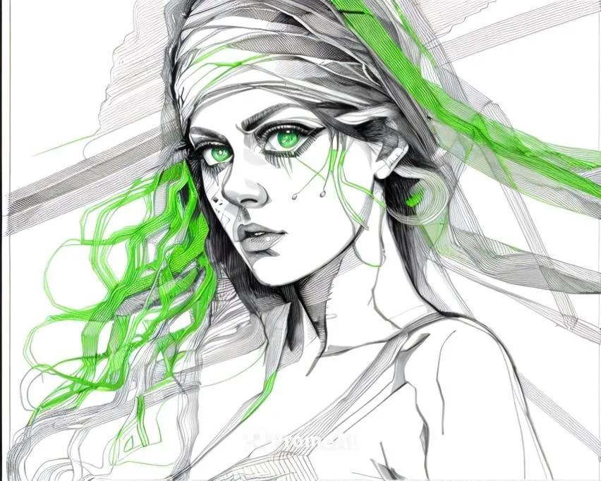 big green eyes ,an artistic portrait of a girl with green hair,seelie,dryad,wipp,verte,makishima,elven,Design Sketch,Design Sketch,None