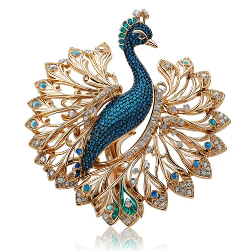 a high quality brooch jewelry inspired by peacock, gold material and diamonds,an ornamental bird,peacock,ornamental bird,peafowl,blue peacock,prince of wales feathers,ornamental duck,feather jewelry,b