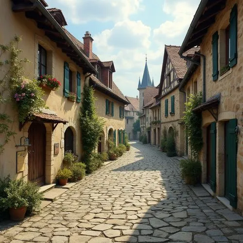 fait moi une carte du village de marville, c'est un village très ancien mode village moyen Age, rue remplit de paver cassé,taverne, quelque habitation
,two brick buildings one has green shutters the o