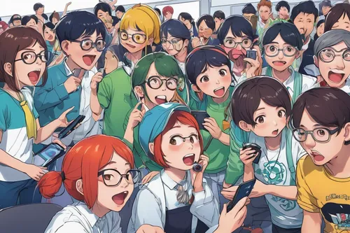 Devise a comedic scenario where an APK mody app causes hilarious chaos at a tech convention.,japanese fans,anime cartoon,audience,crowd,crowded,crowds,classroom training,concert crowd,anime 3d,gatheri