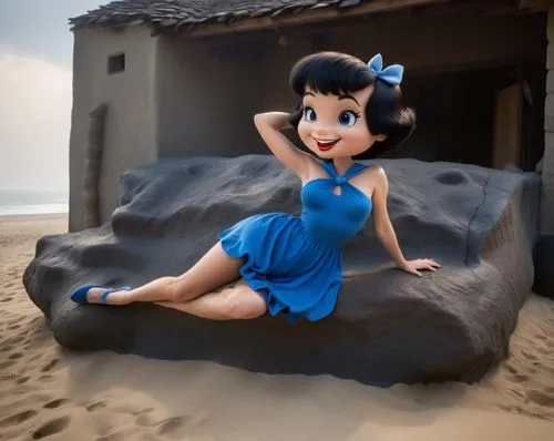 premiada foto de Betty Rubble, da era dos homens das cavernas, Os Flintstone, idade da pedra, de corpo Pernas grossas, Lindas e torneadas, cabelo curto, laço de cabelo, na praia, vestindo um vestido s