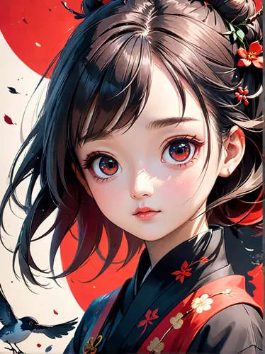 geisha girl,geisha,oriental girl,japanese floral background,oriental princess,plum blossoms,japanese art,oriental,mulan,fire red eyes,hanbok,plum blossom,mukimono,chinese art,floral japanese,red petals,katana,samurai,red eyes,japanese doll,Anime,Anime,Cartoon