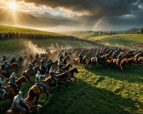 lord of the rings, the battle between rohan riders and mummakil on the fields of Pelennor,there are many armor on horses and riders,rohirrim,wiglaf,drona,horse herd,nargothrond,spartans,Photography,Ge