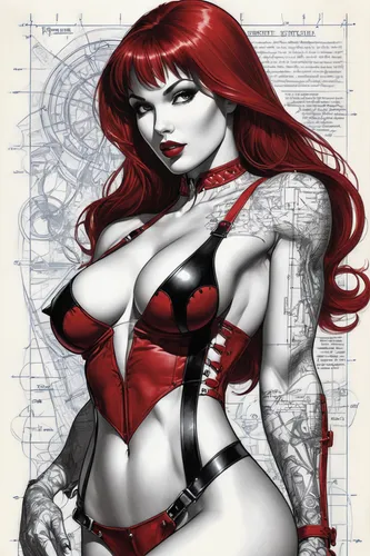 ((Digitale Kunst, Comic-Kunst, Cartoon-Kunst, Meisterwerk von Marc Silvestri, Masterpiece, Oil painting, upper body portrait of a magic beautiful woman, Bianca Beauchamp styled as Vampirella, ((female