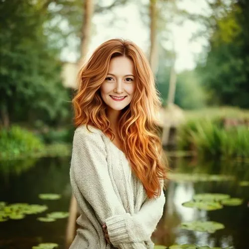 pond,a red haired woman sitting in the woods next to water lillies,ponds,haar,femke,redhair,rousse,girl on the river,aliona,merari,bommel,paulien,haren,redheads,evgenia,chachi,paparizou,serenje,beauti