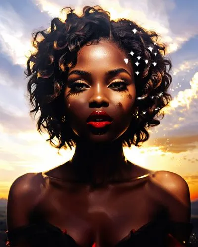 nude Beautiful nigerian girl, full dark curly hair, big dark almond eyes, full red lips, misty sky,an artistic painting with some items on the table,african woman,oshun,maliana,azilah,african american