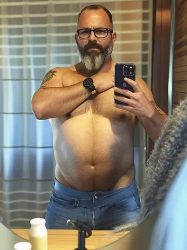 a man who looks very similar to Bert Kreischer ,with his shirt off taking a selfie,gynecomastia,pec,nsv,keto,bathroom scale,bjorgen,hirsute,sv,bauch,ketogenic,bjornsson,body camera,bjorgolfur,slimming