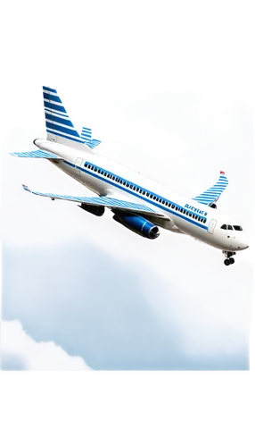 Commercial airliner, white body, blue stripes, shiny metallic wings, engines attached, vertical stabilizer, wheels retracted, soaring through clouds, morning light, 3/4 composition, shallow depth of f