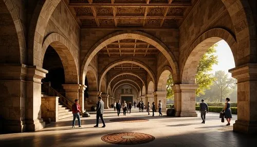 Rustic metro station, Romanesque style architecture, stone masonry walls, arches, vaulted ceilings, ornate carvings, grand staircases, intricate tile work, warm golden lighting, rich textures, medieva