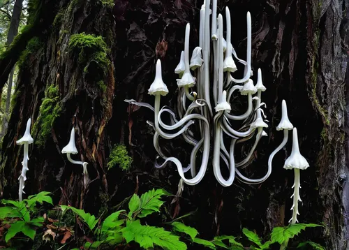 Write a spooky poem about the haunting beauty of Indian Pipe.,indian pipe,jelly fungus,wind chimes,angel's trumpets,wind chime,angel trumpets,celtic tree,monotropa uniflora,angel trumpet,pacifier tree