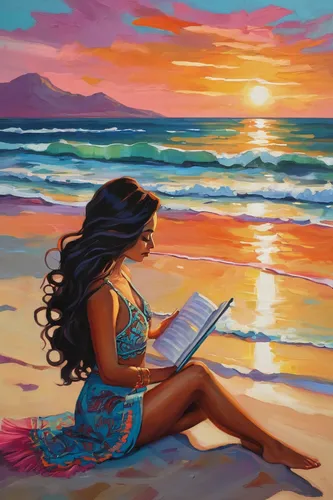 girl studying,moana,beach background,girl on the dune,sunset glow,beach landscape,girl at the computer,painting technique,world digital painting,art painting,beach scenery,sunset beach,girl drawing,dream beach,oil painting on canvas,sunset,sun and sea,colorful background,illustrator,summer evening,Illustration,Abstract Fantasy,Abstract Fantasy 10