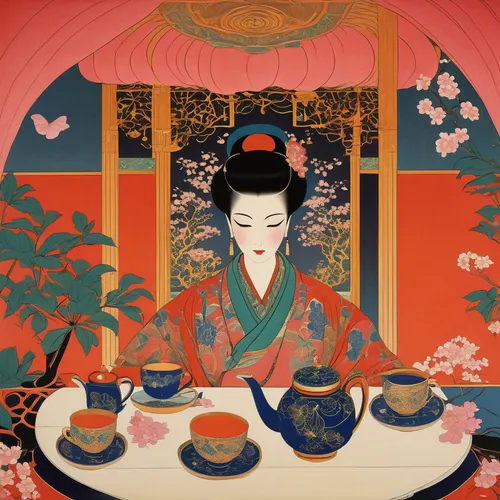 tea ceremony,tea zen,japanese tea,tea service,geisha girl,kaiseki,geisha,junshan yinzhen,japanese art,oriental painting,oriental princess,pouring tea,tea drinking,oriental girl,ikebana,chinese tea,cool woodblock images,sayama tea,jasmine tea,chinese art,Illustration,Retro,Retro 26