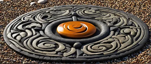 Sculpt a dynamic taoism symbol from smooth river stones, placed gracefully on a pebble pathway.,taijitu,dharma wheel,manhole cover,japanese garden ornament,zen stones,lotus stone,stone lotus,bagua,jap