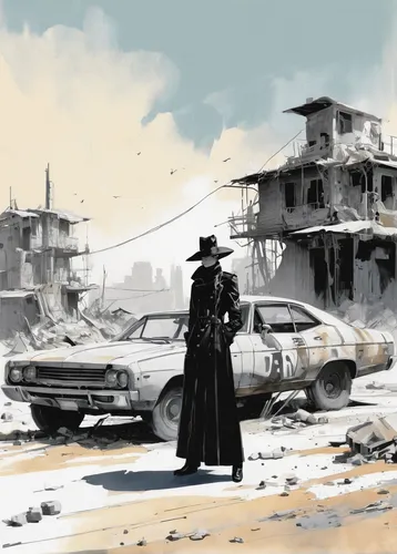 junkyard,wild west,wasteland,junk yard,ghost town,washes,scrapyard,salvage yard,slums,black city,post apocalyptic,western,concept art,post-apocalyptic landscape,western film,sandstorm,witch driving a car,scrap yard,scrap dealer,wild west hotel,Art,Artistic Painting,Artistic Painting 24