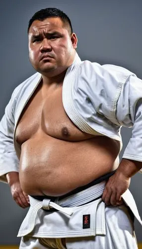 raw photo, burly chubby guy, Tongan, 38 years old, round face, fat, wet skin, serious face, black skin,  Judo athlete, wearing Judo gi, full body shot, hands on waist, body hair on chest,a man that is