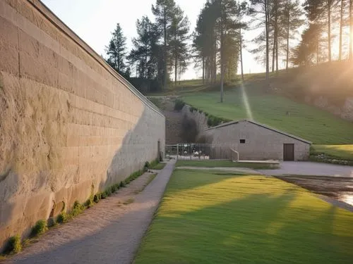 entrance to the sweden village,  bulk earth shafts with a retaining wall,modlin fortress,longues-sur-mer battery,drottningholm,wall,spanish missions in california,concrete wall,walls,compound wall,the