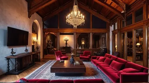 a living room is covered in red couches,interior decor,luxury home interior,sitting room,great room,amanresorts,royal interior,lobby,foyer,ornate room,home interior,greystone,furnishings,living room,e