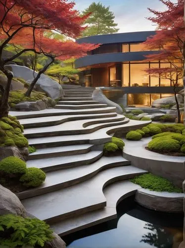 japanese zen garden,zen garden,japanese garden,asian architecture,japan garden,japanese garden ornament,heian,japon,japan landscape,ginkaku-ji temple,beautiful japan,kinkakuji,kyoto,winding steps,terraced,ryokans,ryokan,fallingwater,koi pond,kinkakuji temple,Conceptual Art,Sci-Fi,Sci-Fi 24