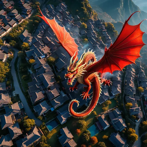 dragon of earth,painted dragon,dragon,chinese dragon,wyrm,dragons,gryphon,dragon li,dragon design,green dragon,bird's eye view,skylander giants,from above,garuda,golden dragon,dragon fire,above the city,charizard,black dragon,aerial landscape,Photography,General,Fantasy