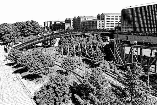 a black and white image of people walking in the foreground while a rail line runs under them,arborway,sketchup,elevated railway,beltline,jussieu,skyrail,Design Sketch,Design Sketch,Black and white Co