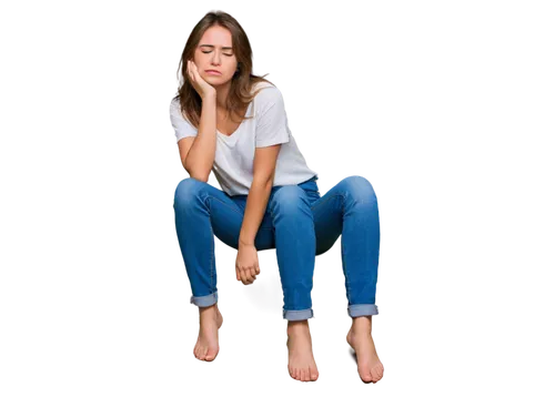 Sad woman, solo, tears in eyes, crying, beautiful detailed face, messy brown hair, no makeup, casual wear, white shirt, blue jeans, bare feet, sitting on floor, back against wall, lonely atmosphere, s