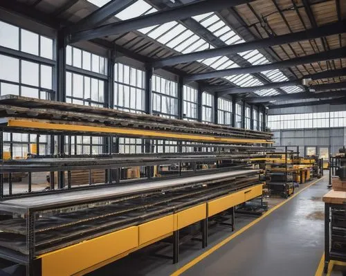 Purley factory, modern industrial building, steel structure, glass facade, sleek design, specialist equipment, machinery, manufacturing line, skilled workers, wearing protective gear, working on archi