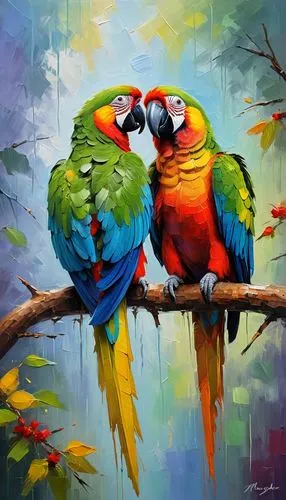 a colorful oil painting with palette knife of two parrots sitting on a branch, in the style of marcin sobas, 32k uhd, animals and people, oil painter, intense light and shadow, ferrania p30,two parrot