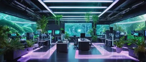 Modern data architecture, futuristic laboratory, sleek minimalist interior, glass walls, steel beams, neon lights, rows of servers, complex wiring, holographic screens, virtual reality headsets, 3D pr