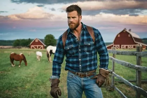 Muscular man, breeder, 30s, rugged beard, messy hair, worn leather gloves, plaid shirt, faded jeans, boots, standing, rural landscape, countryside, sunset, farm, fields, horses, cows, barn, rustic fen