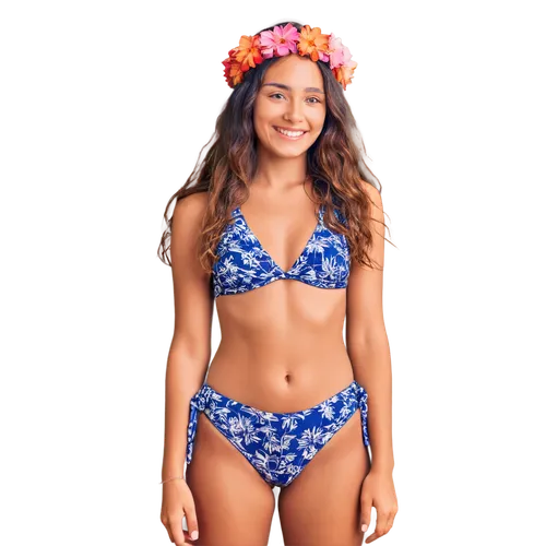 Maui girl, island lady, solo, (18yo), sun-kissed skin, bright smile, wavy brown hair, flower crown, beachwear, Hawaiian print swimsuit, shell necklace, barefoot, standing on beach shore, relaxed pose,