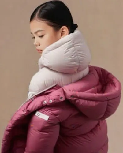 a woman in a coat with ons on the sleeves,sleeping bag,sakura mochi,paektu,deflating,snowsuit,kawakubo