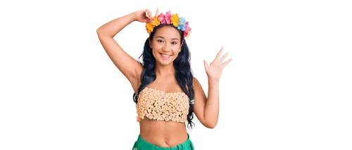 Kawaii pineapple, yellow skin, green leaves, juicy flesh, sweet aroma, sparkling eyes, smiling face, blushing cheeks, detailed hair, colorful flower crown, Hawaiian hula skirt, summer vibe, warm light