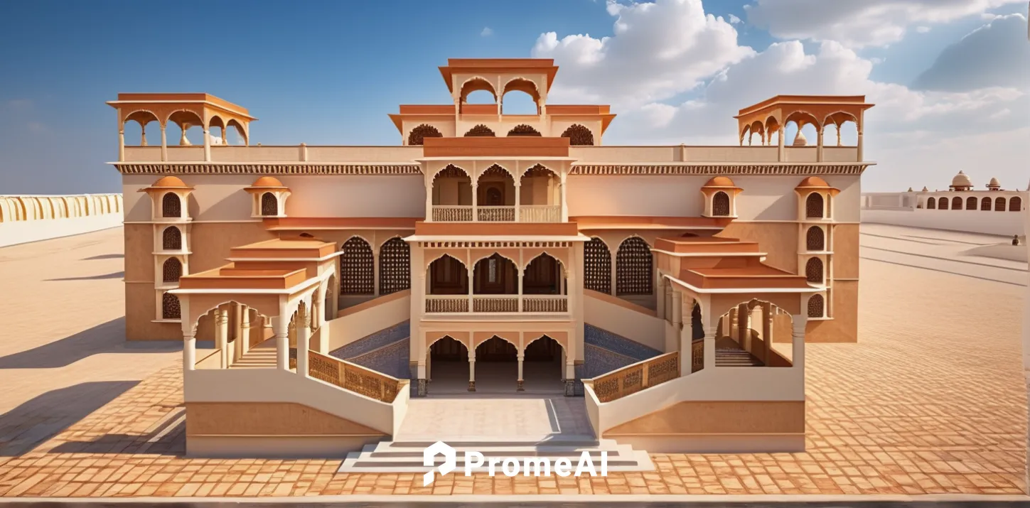 marriage hall having a theme of rajasthani palaces with sandstone finishes
,islamic architectural,build by mirza golam pir,caravansary,medieval architecture,qasr al watan,byzantine architecture,king a