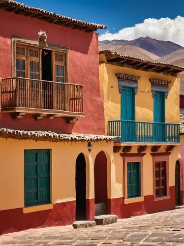 Bolivian architecture, traditional Andean style, adobe buildings, ornate wooden doors, colorful textiles, vibrant ceramic tiles, rustic stone walls, intricately carved wooden balconies, arched windows