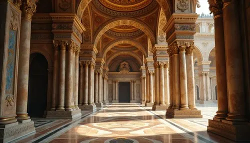 Intricate stone carvings, ornate marble columns, gilded domes, majestic archways, vibrant mosaics, intricate geometric patterns, luxurious textiles, golden accents, rich jewel tones, warm soft lightin