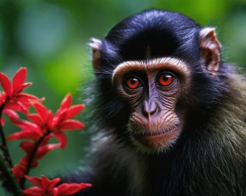 Monkey, red eyes, fur, sitting, tree branch, jungle, green leaves, vines, tropical flowers, misty atmosphere, warm lighting, shallow depth of field, cinematic composition, 3/4 view, close-up facial ex