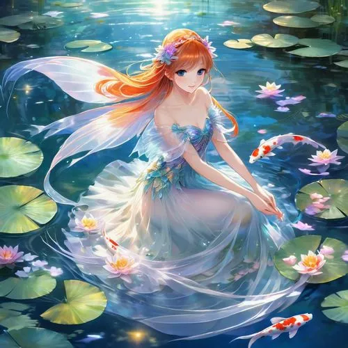 nami,water nymph,titania,fairie,rusalka,flower fairy,ophelia,kupala,ponyo,fairy,kokia,lilly of the valley,mermaid background,mermin,orihime,fae,fantasia,sirena,garden fairy,fairy queen,Illustration,Japanese style,Japanese Style 03