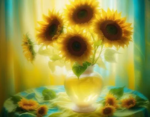 mesmerizing sunflower  in a beautiful vase,a painting of a vase with sunflowers on a table,sunflowers in vase,sunflower lace background,sunflower paper,sun flowers,sunflowers,sun flower,Illustration,R