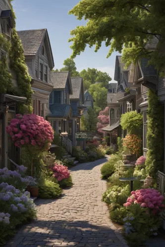 Craft a delightful morning walk through a picturesque small town.,aurora village,hydrangeas,palo alto,rose drive,cottage garden,spring garden,old linden alley,neighborhood,resort town,rosewood,hydrang