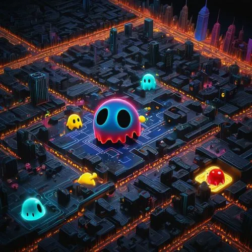 In a whimsically haunting scene, a digital giant Pac-Man materializes in a tilt-shift photograph. The main subject is a translucent figure with glitching pixels, floating above a miniature cityscape. 