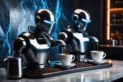 coffee shop, AI robot, futuristic, metallic body, glowing blue eyes, sleek lines, modern minimalist background, marble countertop, espresso machine, steaming cup, aromatic coffee beans, warm lighting,