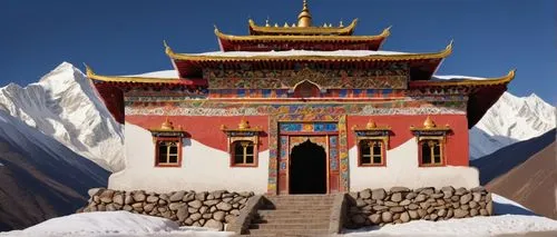 Tibetan style building, red and white walls, golden roof, intricate carvings, colorful prayer flags, majestic entrance, stone stairs, ornate windows, bright blue sky, snow-capped mountains, serene lan