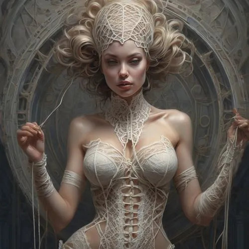 fantasy portrait,filigree,fantasy art,doily,biomechanical,the enchantress,baroque angel,bodice,white silk,priestess,intricate,dreamcatcher,veil,sorceress,fantasy woman,faery,masquerade,hourglass,corset,marionette,Conceptual Art,Fantasy,Fantasy 01