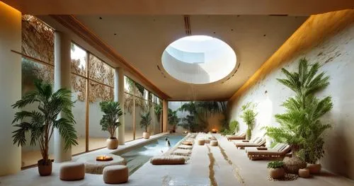 The interior of the spa is designed in the style of Alvaro Siza, with tall columns and a large swimming pool surrounded by limestone walls. There is a forest outside the window. The rock wall behind i