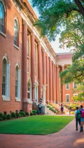 Modern architectural college, Mississippi, USA, Southern American style, red brick buildings, white columns, green lawn, sunny day, few students walking, backpacks, laptops, architecture models, draft