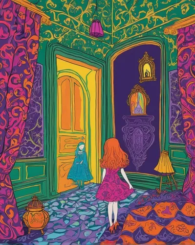 the little girl's room,doll's house,children's room,halloween illustration,book illustration,dandelion hall,children's bedroom,halloween paper,la violetta,cinderella,halloween scene,children's fairy tale,witch's house,rapunzel,the threshold of the house,playing room,children's interior,kids room,hand-drawn illustration,doll house,Conceptual Art,Oil color,Oil Color 14