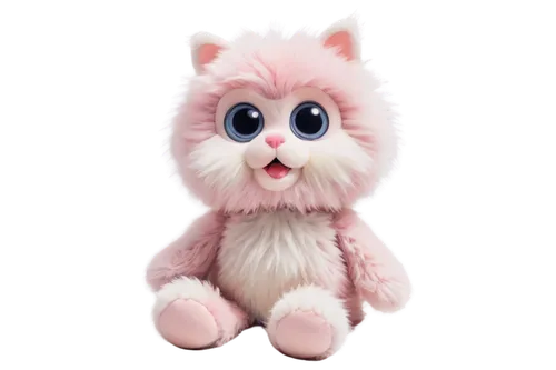 Cute pet, solo, sitting, fluffy fur, white paws, pink nose, big eyes, adorable facial expression, soft toys surrounding, warm lighting, shallow depth of field, pastel color tone, 3/4 composition, high