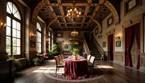 Intricate Baroque architecture, ornate carvings, gilded details, rustic stone walls, worn wooden floors, velvet drapes, golden chandeliers, frescoed ceilings, grandiose staircases, luxurious textiles,