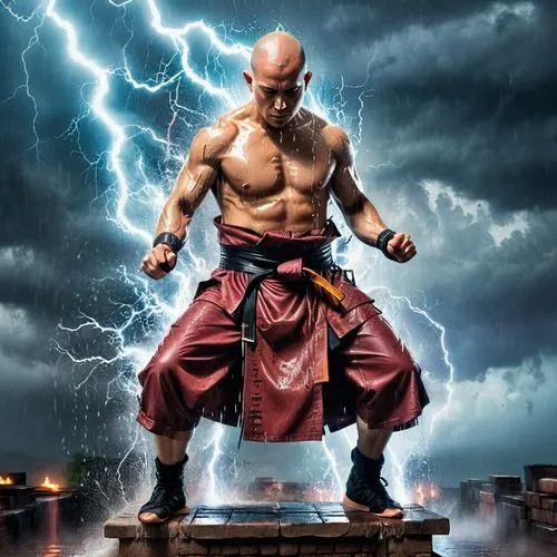 a hyper-realistic battered, bruised and battle tested cyberpunk style bald monk in rags standing on a pillar doing karate moves in the rain with heat lightning in the background,a person in a costume 