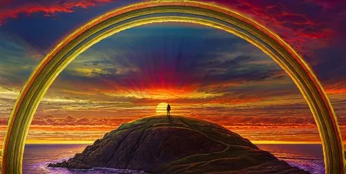 a person standing on a hill looking out at the ocean,rainbow bridge,round arch,three centered arch,archway,three point arch,el arco,Illustration,Realistic Fantasy,Realistic Fantasy 25